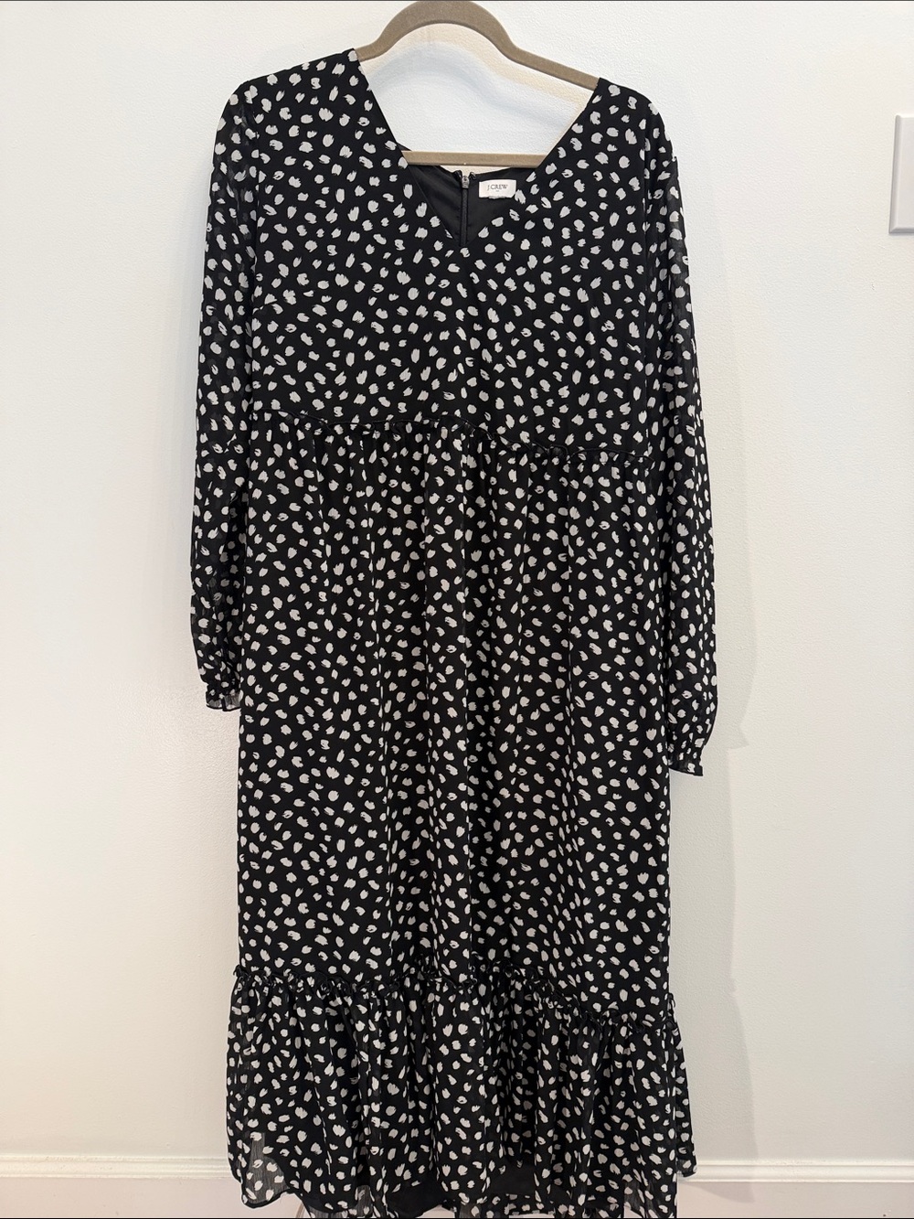 J. Crew Black Long-Sleeve Midi Dress with White Spot Print